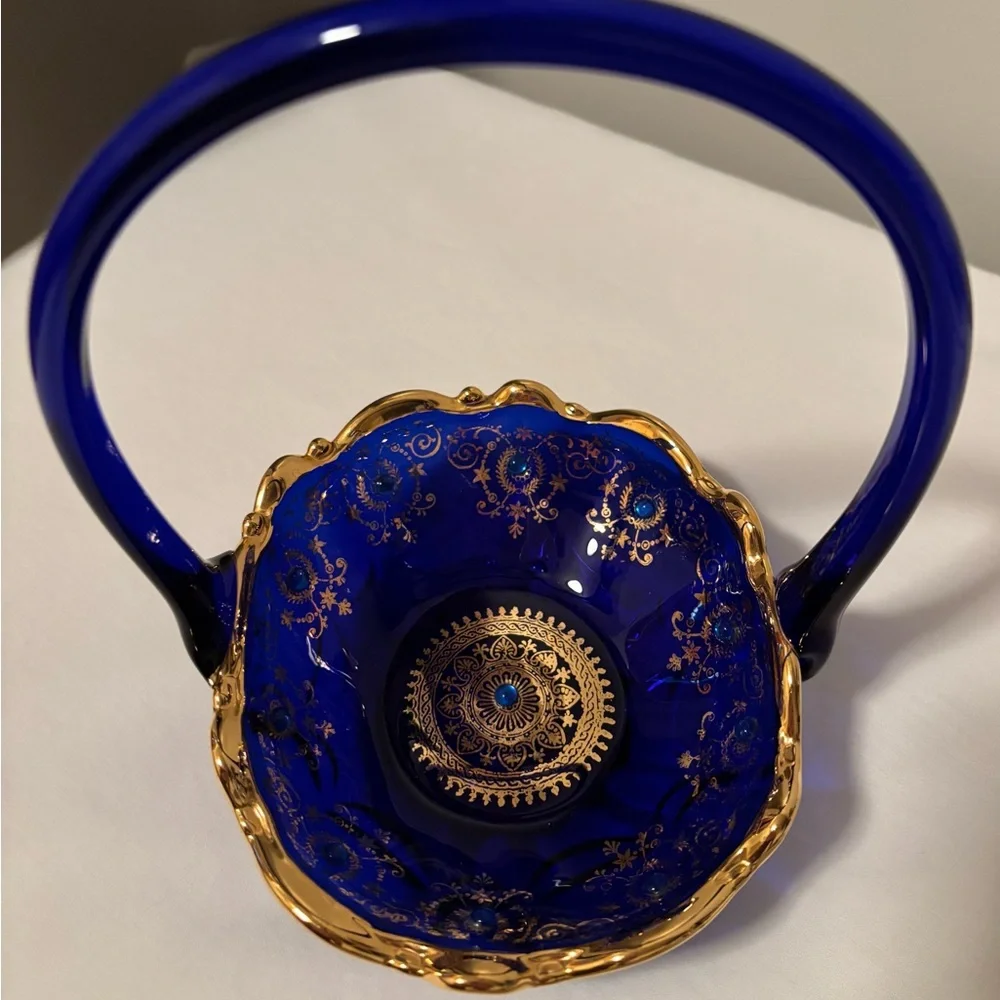 Gorgeous 1960’s Cobalt Blue Glass Basket w/Gold Gilded Decor&Cobalt Blue Beading